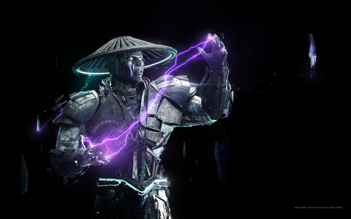 Raiden from Mortal Kombat with purple lightning