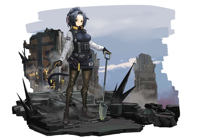 Anime girl with gun and shovel in ruins