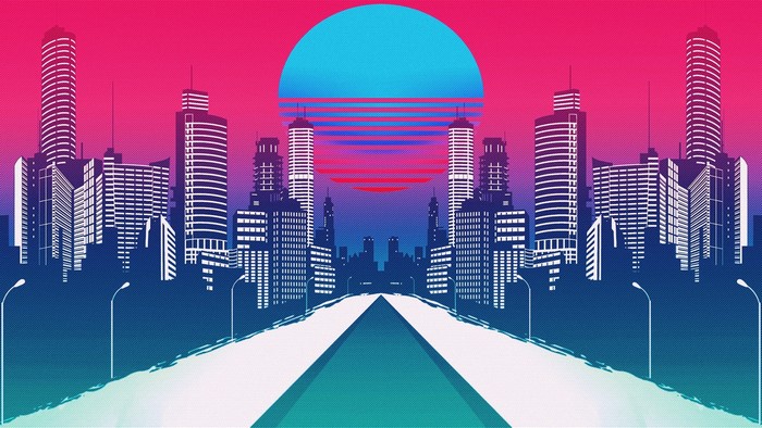 Synthwave cityscape with neon sun and road