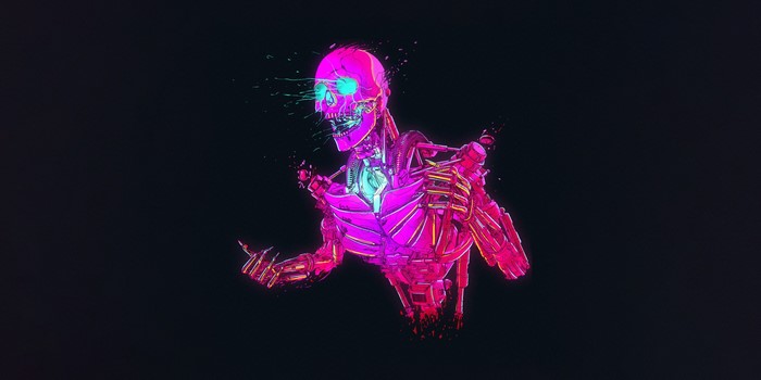 Pink and blue robotic skull with glowing eyes