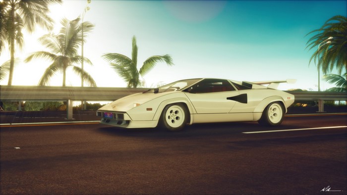 White Lamborghini Countach on a road with palm trees
