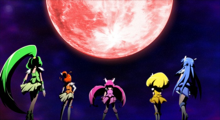 Five Pretty Cure girls stand before a large red moon