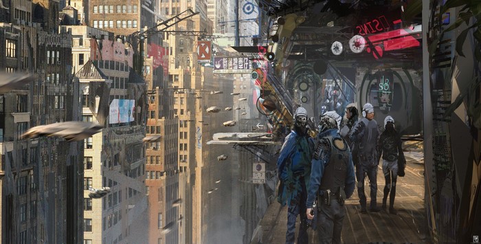 Futuristic Cityscape with Flying Vehicles and People