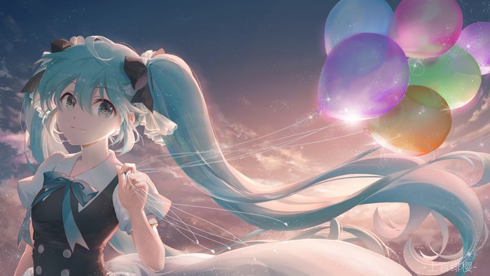 Hatsune Miku from Vocaloid holding balloons