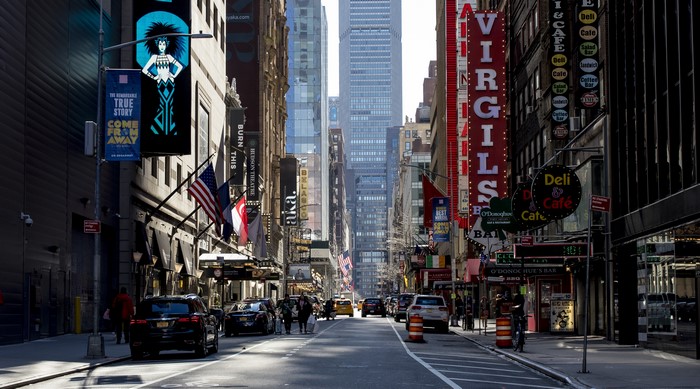 Times Square Street Scene with Broadway Theaters and Shops