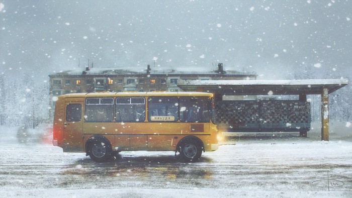 Yellow bus at a bus stop in winter snow