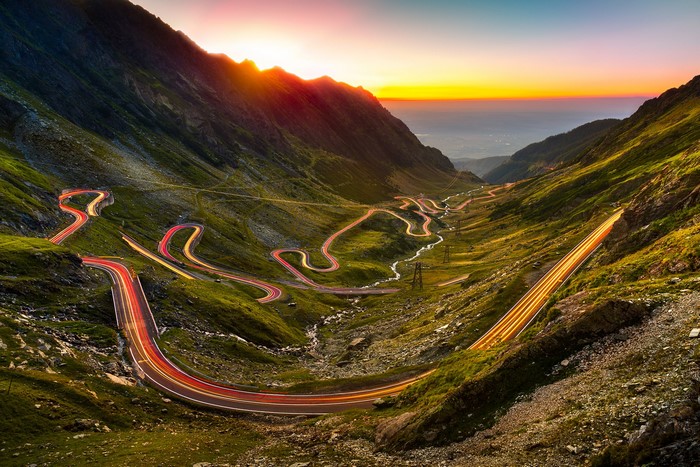 Transfagarasan Highway, Romania, at Sunset with Light Trails