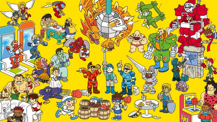 Capcom Arcade Stadium characters on yellow background