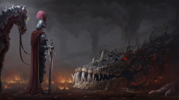 Knight facing a dragon with a horse