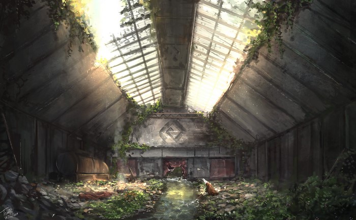 Artwork of ruins with a stream and overgrown plants
