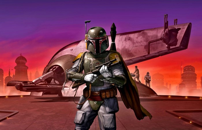 Boba Fett from Star Wars with Slave I spaceship