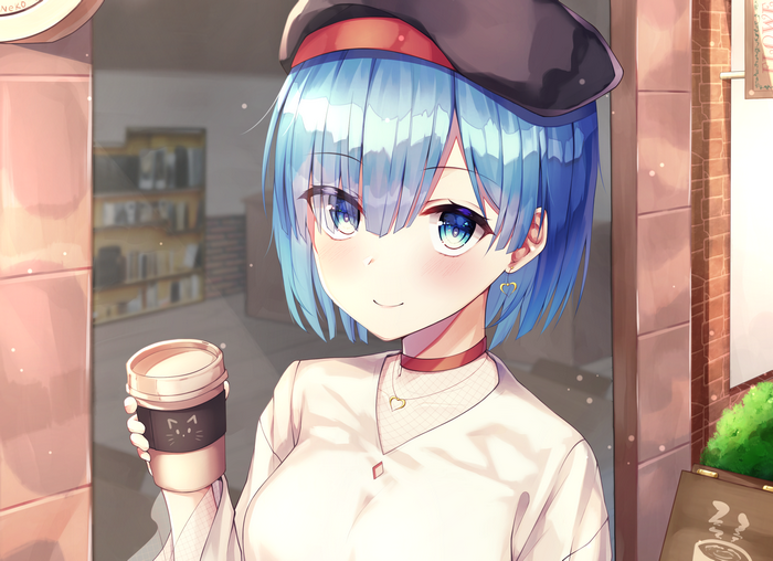 Rem from Re: Zero holding a coffee cup