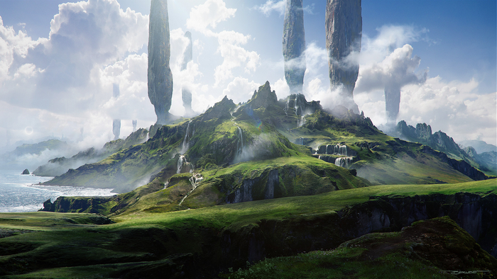 Fantasy Landscape with Waterfalls and Floating Rocks