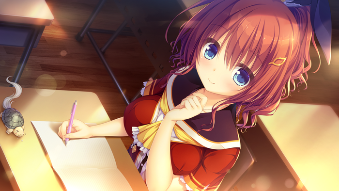 Anime girl with red hair writing at a desk