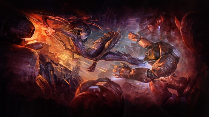 Sarah Kerrigan from Starcraft II fighting a Terran Marine