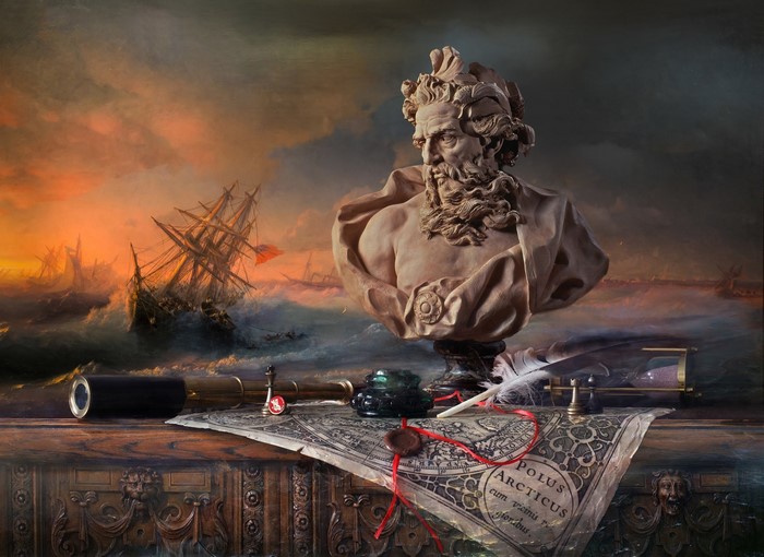 Still life with bust, map, telescope, and ship in storm