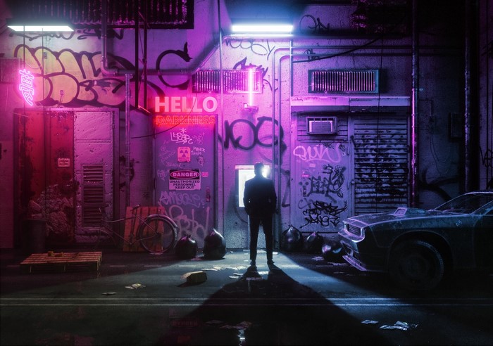 Cyberpunk alley with neon signs and a lone figure