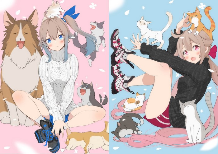 Anime girls with dogs and cats