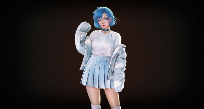 Anime girl with blue hair and skirt