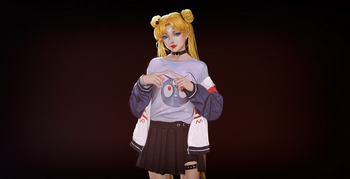 Sailor Moon character with cat graphic t-shirt