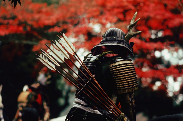 Samurai with Arrows and Red Leaves