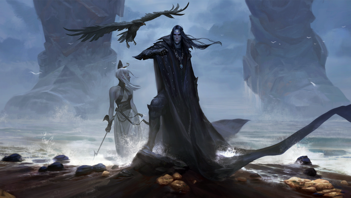 Fantasy artwork of a man and woman on a rocky shore with giant figures in the background