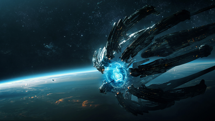 Alien spaceship over planet Earth