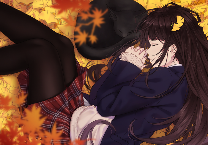 Anime girl sleeping with cat among fallen leaves