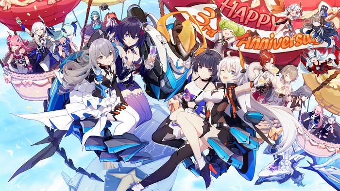Honkai Impact 3rd characters celebrating anniversary