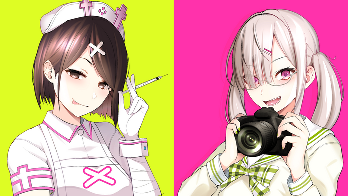 Two anime girls, one with a syringe, one with a camera