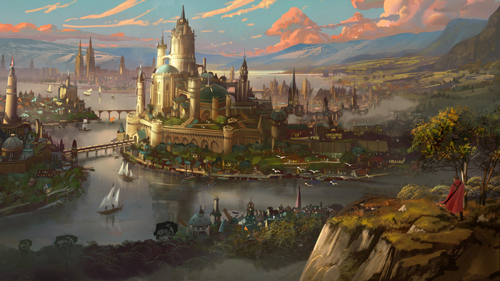 Fantasy city with river, ships, and mountains by Tyler Edlin