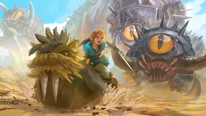 Link riding a creature from The Legend of Zelda: Breath of the Wild