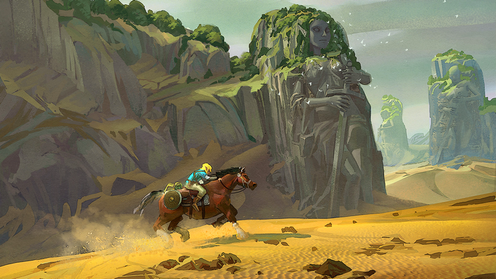 Link riding a horse in a desert with ancient statues