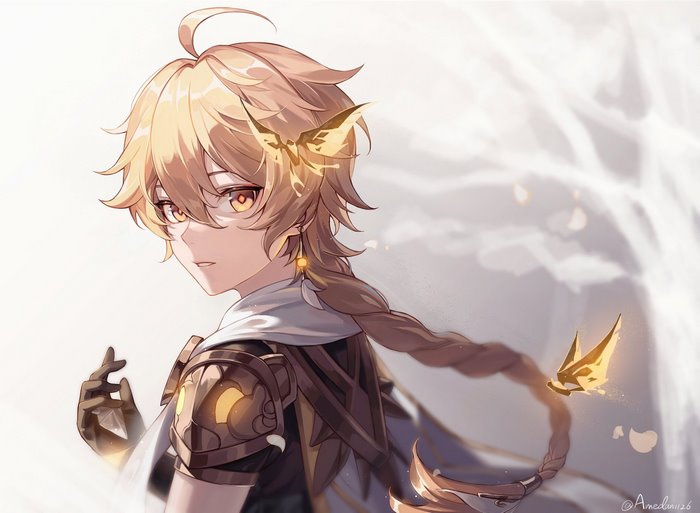 Aether from Genshin Impact with Golden Butterflies