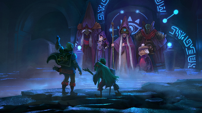 Link and companions in a mystical chamber with ancient figures