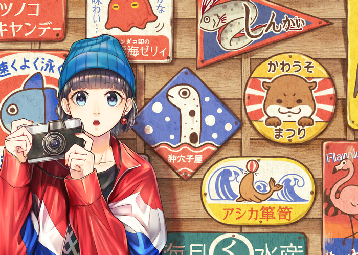 Anime girl with camera in front of Japanese signs