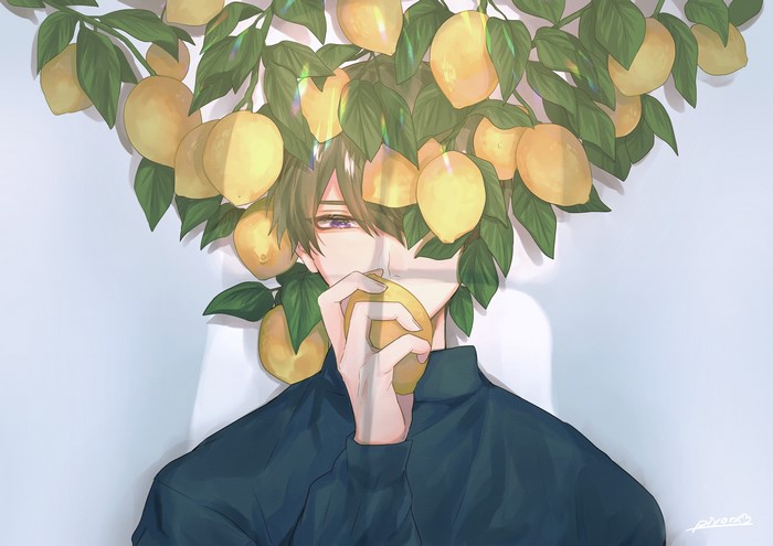 Anime boy with lemons on his head