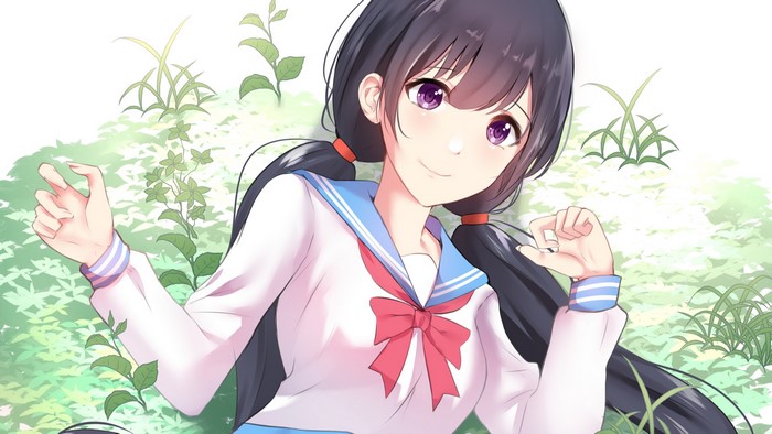 Anime girl with purple eyes and twintails in a school uniform