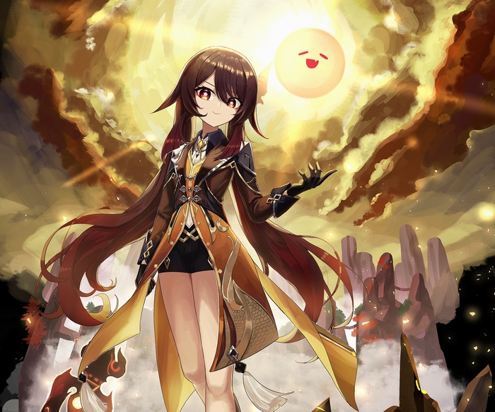 Hu Tao Character Art with Sun and Clouds