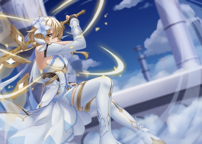 Lumine from Genshin Impact with sword in sky