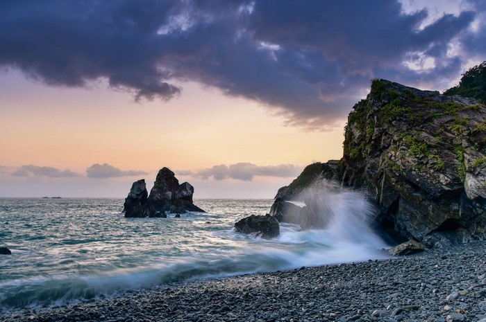 Waves crashing on rocky coast of Yilan County, Taiwan