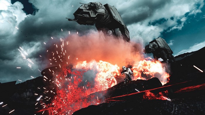 Stormtrooper and AT-AT walkers in Star Wars battle