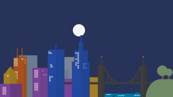 Colorful cityscape at night with a full moon