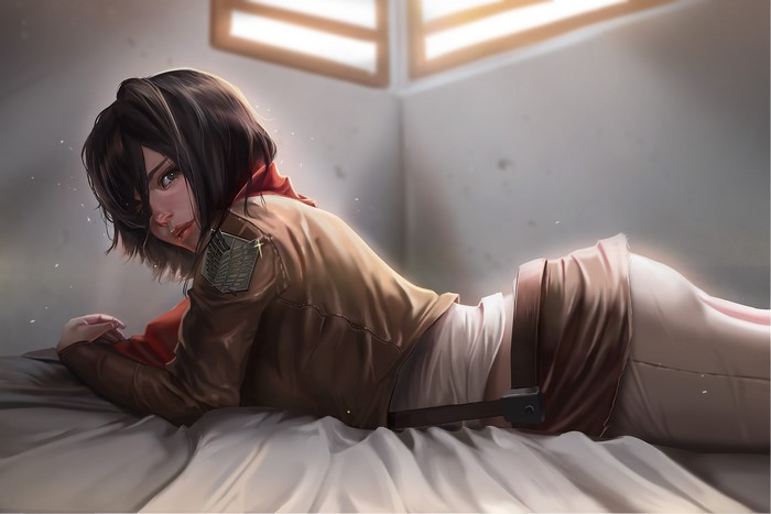 Mikasa Ackerman from Attack on Titan lying in bed