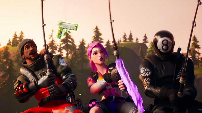 Fortnite characters fishing with a glowing pistol