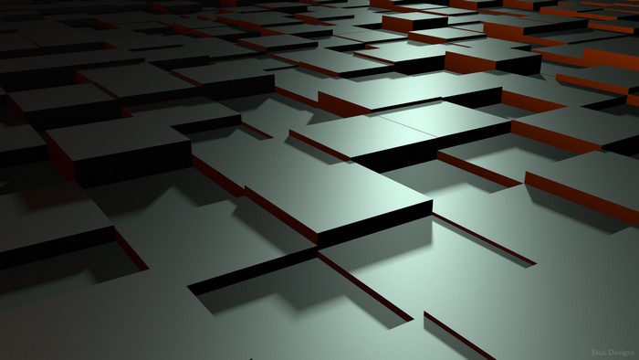 3D abstract render of dark blocks with red accents
