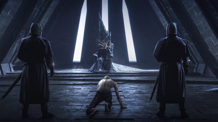King on throne with guards and kneeling man
