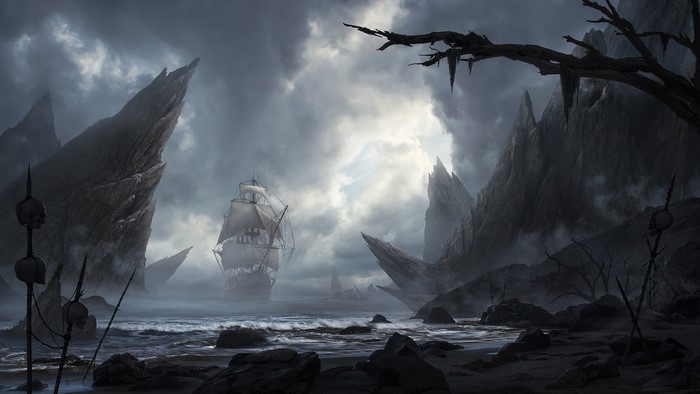Sailing ship in a misty, rocky cove