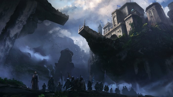 Fantasy castle on floating islands with a group of soldiers