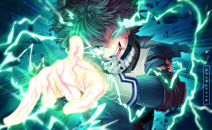 Izuku Midoriya from My Hero Academia using electric powers